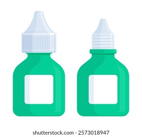 Set of closed and open teal medicine dropper bottles. Health, eye drops, ear drops, and medical product mockup concept. Flat vector illustration isolated on white background with copy space