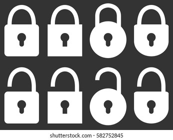 Set of closed and open white lock icons flat design on dark background security vector illustration