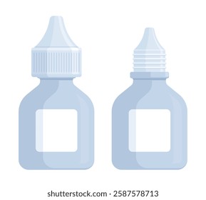 Set of closed and open white medicine dropper bottles. Health, eye drops, ear drops, and medical product mockup concept. Flat vector illustration isolated on white background with copy space