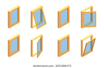 Conjunto de ventanas cerradas y abiertas. La ventana con bisagras se abre en la dirección izquierda, derecha, arriba y abajo. Ilustración isométrica 3D.