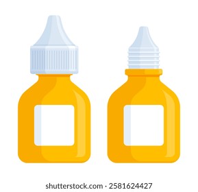 Set of closed and open yellow medicine dropper bottles. Health, eye drops, ear drops, and medical product mockup concept. Flat vector illustration isolated on white background with copy space