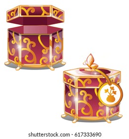 Set of closed and opened ornate gift boxes with lids red color with golden ornament isolated on white background. Vector cartoon close-up illustration.