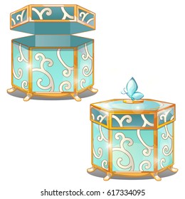 Set of closed and opened ornate gift boxes with lids turquoise color with golden ornament isolated on white background. Vector cartoon close-up illustration.