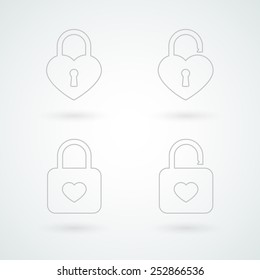 Set: closed and opened padlock of love. Line icons