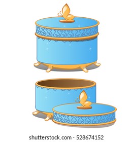 Set of closed and opened round ornate gift boxes with lids blue color isolated on white background. Vector illustration.