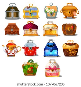 Set of closed treasure chests and caskets different forms isolated on a white background. Vector cartoon close-up illustration.