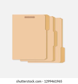 Set of closed variously tabbed file folders with interior fastener to keep paper documents, letter size. Vector mockup.