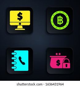 Set Closed wallet with lock, Computer monitor with dollar symbol, Address book and Cryptocurrency coin Bitcoin. Black square button. Vector