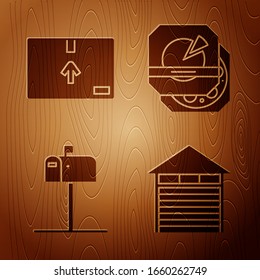 Set Closed warehouse , Cardboard box with traffic symbol , Open mail box  and Pizza in cardboard box  on wooden background. Vector