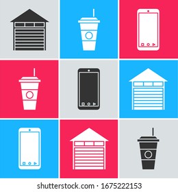 Establecer almacén cerrado , Café y teléfono móvil con icono de seguimiento de entrega de aplicaciones. Vector