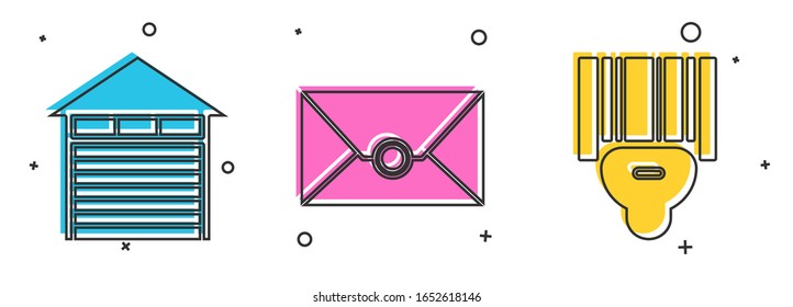 Set Closed warehouse , Envelope  and Scanner scanning bar code  icon. Vector