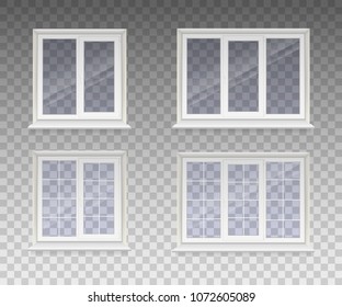 Set of closed window with transparent glass in a white frame. Isolated on a transparent background. Vector.