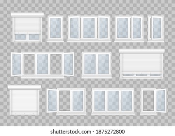 Set of closed window with transparent glass in a white frame. Set of pvc realistic windows and metal roller blind on a transparent background. Plastic products. Rollerball blind. Vector illustration.