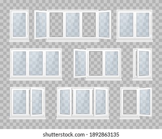 Set of closed window with transparent glass in a white frame. Plastic products. Rollerball blind. Set of pvc realistic windows and metal roller blind on a transparent background. Vector illustration.