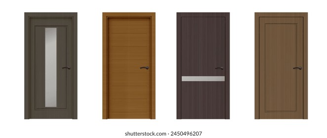 Set of closed wooden doors isolated on white background. Vector realistic illustration of modern doorway with dark brown wood texture, glass decoration, black metal doorknob, interior design element