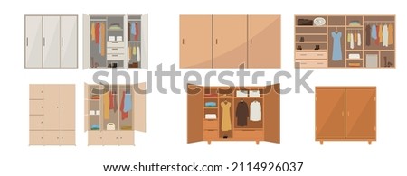 Set of closets different form on white background. Vector elements of a modern interior. Closed and open wooden wardrobes with clothes in cartoon style.