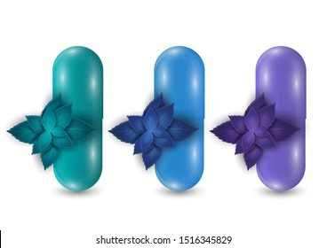 Set. Closeup of capsule pill icon and natural mint leaves. Medical isolated on a white background. Design template for graphics, layout. The concept of medicine and healthcare. Vector illustration