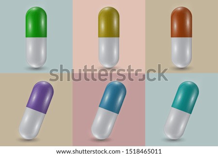 Set. Closeup of capsule pill icon and natural medicinal plant leaves. Medical isolated on a square background. The concept of medicine and healthcare. Vector illustration for your design.