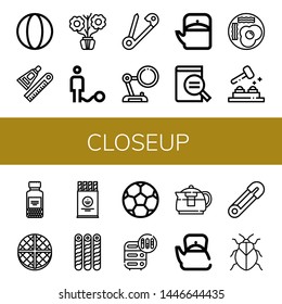 Set of closeup icons such as Ball, Glue, Aromatic, Safety pin, Magnifying glass, Teapot, Fried eggs, Whack a mole, Spices, Wafer, Soccer ball, Adjustment, Stink bug , closeup