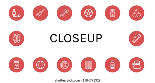 Set of closeup icons. Such as Ball, Toilet brush, Safety pin, Soccer ball, Wafer, Cherry, Fried eggs, Toothpick, Spices, Teapot , closeup icons
