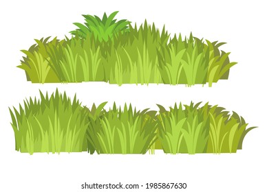 Set. Close-up of a meadow with dense grass. Wild green rural plants. Cartoon style. Flat design. Uncut lawn. Vector illustration. art
