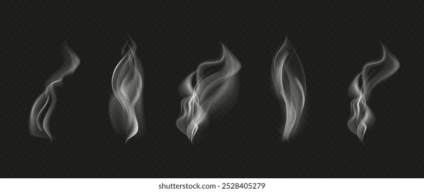 Set. Close-up of steam or abstract white smog. Isolated on a black background