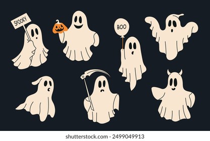 Set of cloth Ghosts. Cute ghost. Cartoon scary fantasy characters with various expressions, funny scary monster trick or treat elements. Vector Halloween set. 