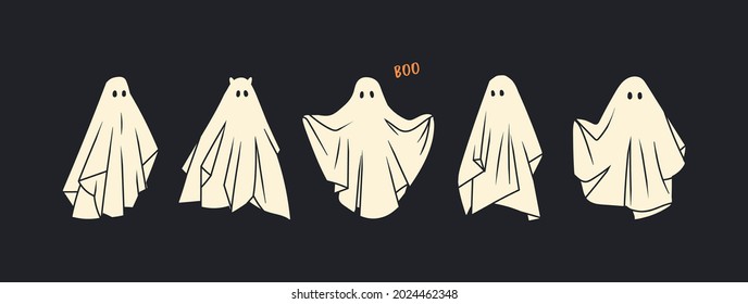 Set of cloth Ghosts. Flying Phantoms. Halloween scary ghostly monsters. Cute cartoon spooky characters. Holiday Silhouettes. Hand drawn trendy Vector illustration. All elements are isolated
