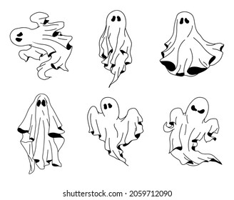 Set of cloth Ghosts. Flying Phantoms. Halloween scary ghostly monsters. Cute cartoon spooky characters. Holiday Silhouettes. Hand drawn trendy Vector illustration.