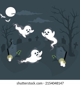 Juego de fantasmas de tela. Flying Phantoms. Halloween monstruos fantasmales temibles. Personajes de dibujos animados en la moderna ilustración nocturna Vector.