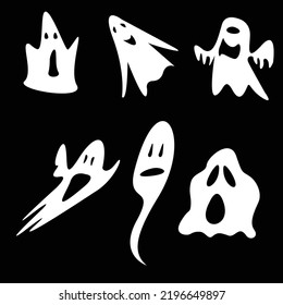 Set of cloth Ghosts. Flying Phantoms. Halloween scary ghostly monsters. Cute cartoon spooky characters. Holiday Silhouettes. Hand drawn trendy Vector illustration. All elements are isolated