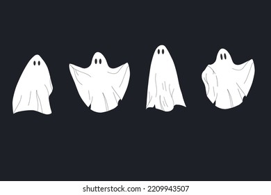 Set of cloth Ghosts. Flying Phantoms. Halloween scary ghostly monsters. Ghost sheet for halloween character design. Isolated vector illustration.