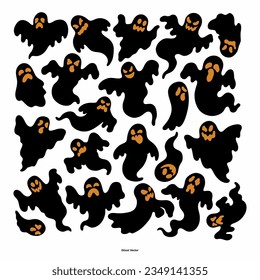Set of cloth Ghosts. Flying Phantoms. Halloween scary ghostly monsters. Cute cartoon spooky characters. Holiday Silhouettes. Vector illustration.