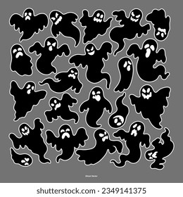 Set of cloth Ghosts. Flying Phantoms. Halloween scary ghostly monsters. Cute cartoon spooky characters. Holiday Silhouettes. Vector illustration.
