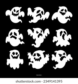 Set of cloth Ghosts. Flying Phantoms. Halloween scary ghostly monsters. Cute cartoon spooky characters. Holiday Silhouettes. Vector illustration.