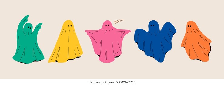 Set of cloth ghosts. Flying phantoms. Halloween scary ghostly monsters. Colorful vector illustration
