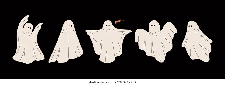 Set of cloth ghosts. Flying phantoms. Halloween scary ghostly monsters. Colorful vector illustration
