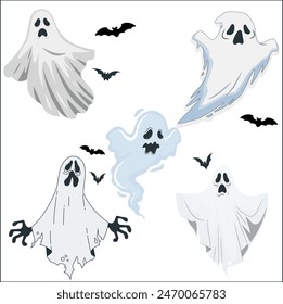 Set of cloth Ghosts. Flying Phantoms. Halloween scary ghostly monsters. Cute cartoon spooky characters. Holiday Silhouettes. Hand drawn trendy Vector illustration. 2549
