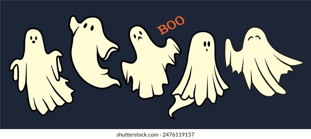 Set of cloth Ghosts. Flying Phantoms. Halloween scary ghostly monsters. Cute cartoon spooky characters. Holiday Silhouette, Vector illustration.