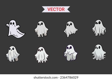 Set of cloth Ghosts. Halloween scary ghostly monsters. Cute cartoon spooky characters.