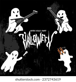 Set of cloth Ghosts Spooky characters. Rock and Roll hand hold guitar style rock in theme Halloween Retro Rock Party.Black and white vector artwork