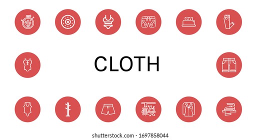 Set of cloth icons. Such as Embroidery, Swimsuit, Wipes, Jeans, Coat rack, Sewing, Jacket, Iron, Shorts , cloth icons