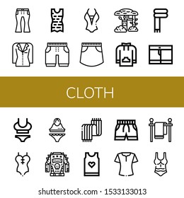 Set of cloth icons. Such as Jeans, Jacket, Clothes, Shorts, Swimsuit, Skirt, Camouflage, Sweatshirt, Scarf, Tank top, Blouse, Clothes line , cloth icons
