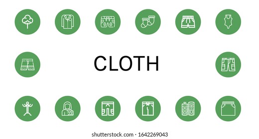 Set of cloth icons. Such as Textile, Jacket, Swimsuit, Socks, Coat rack, Tailor, Short, Model craft, Skirt, Shorts , cloth icons