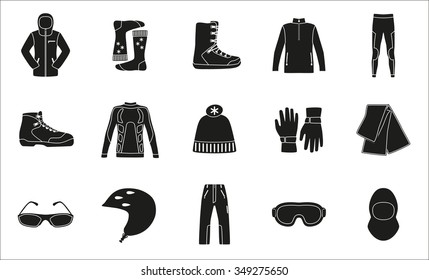 Set of cloth and shoes for winter sport. Black silhouette design. Ski icons series.