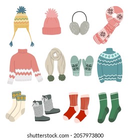 set of clothes and accessories. collection of winter fashion item vector illustration. flat design elements of greeting cards, Christmas cards, and posters.