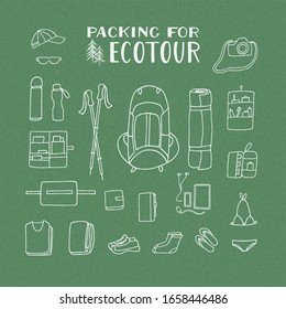 Set of clothes and accessories for  eco yoga tour, hiking, trekking. Vector hand drawn illustration in line-art style on textured green background. 