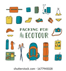 Set of clothes and accessories for  eco yoga tour, hiking, trekking. Colorful vector hand drawn illustration in line-art style on white background. 