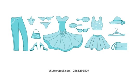 Set of clothes, accessories. Clothes fashionable, women's bright collection for a doll. Skirt, dress, suits, bag, shoes, sunglasses and hat in doodle style. Princess crown for a holiday, party.