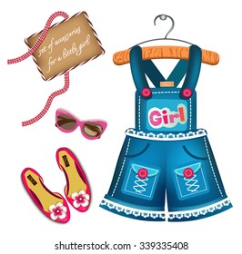 A set of clothes and accessories for girls.Kids denim overalls, shoes, glasses